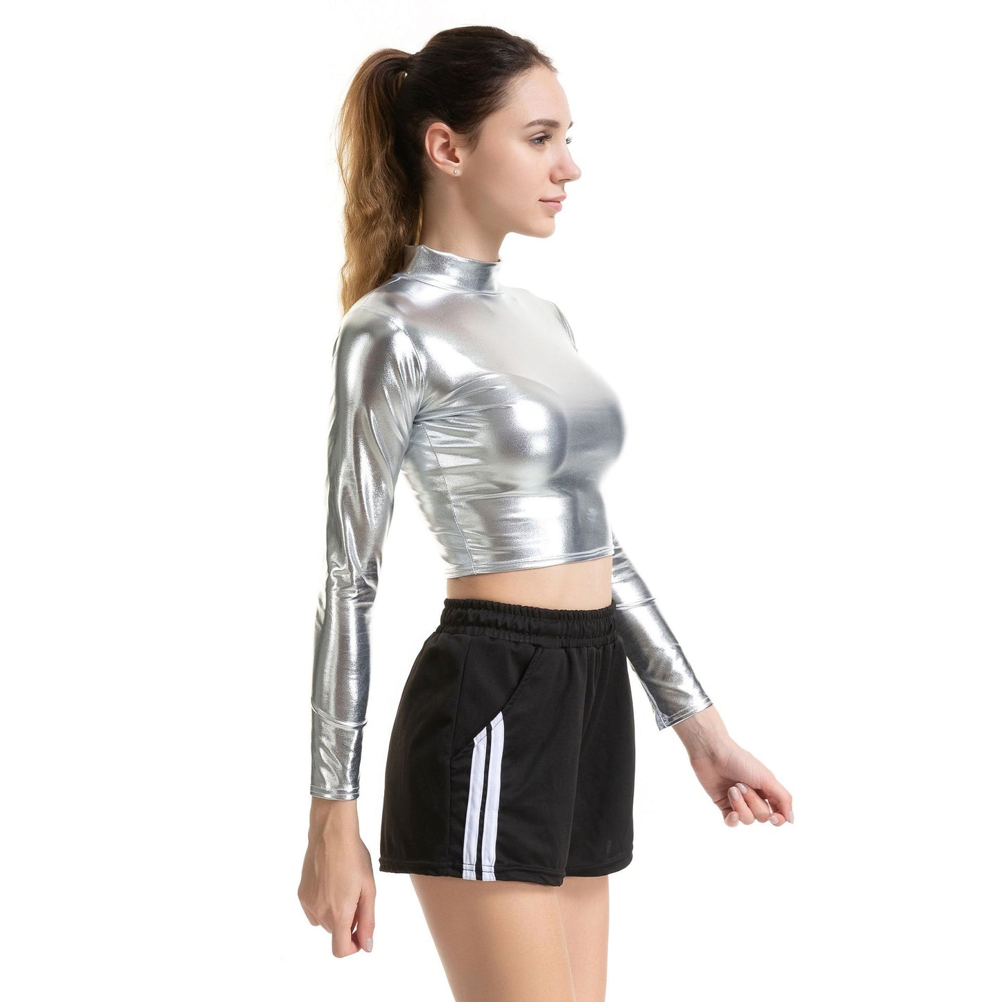 Women's Adhesive Performance Wear Slim Patent Leather Long Blouses