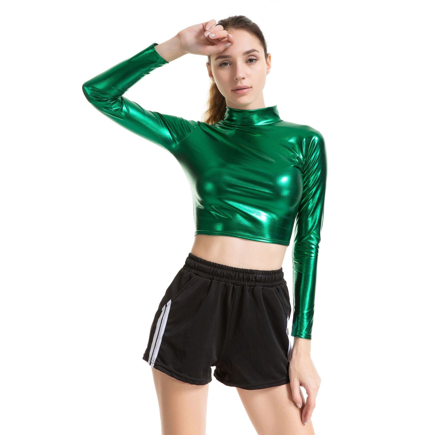 Women's Adhesive Performance Wear Slim Patent Leather Long Blouses
