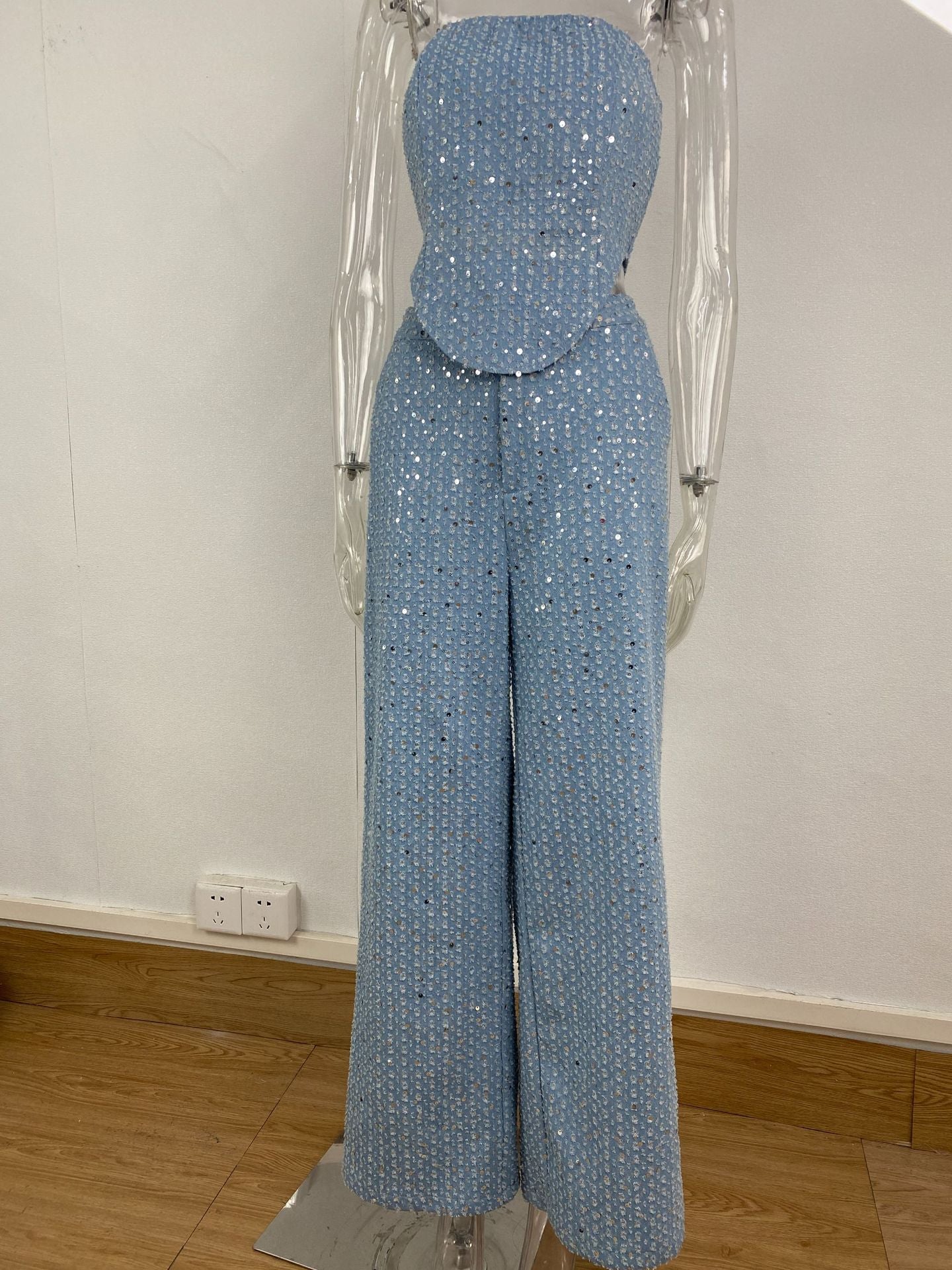 Women's Classic Sexy Denim Sequined Tube Suits