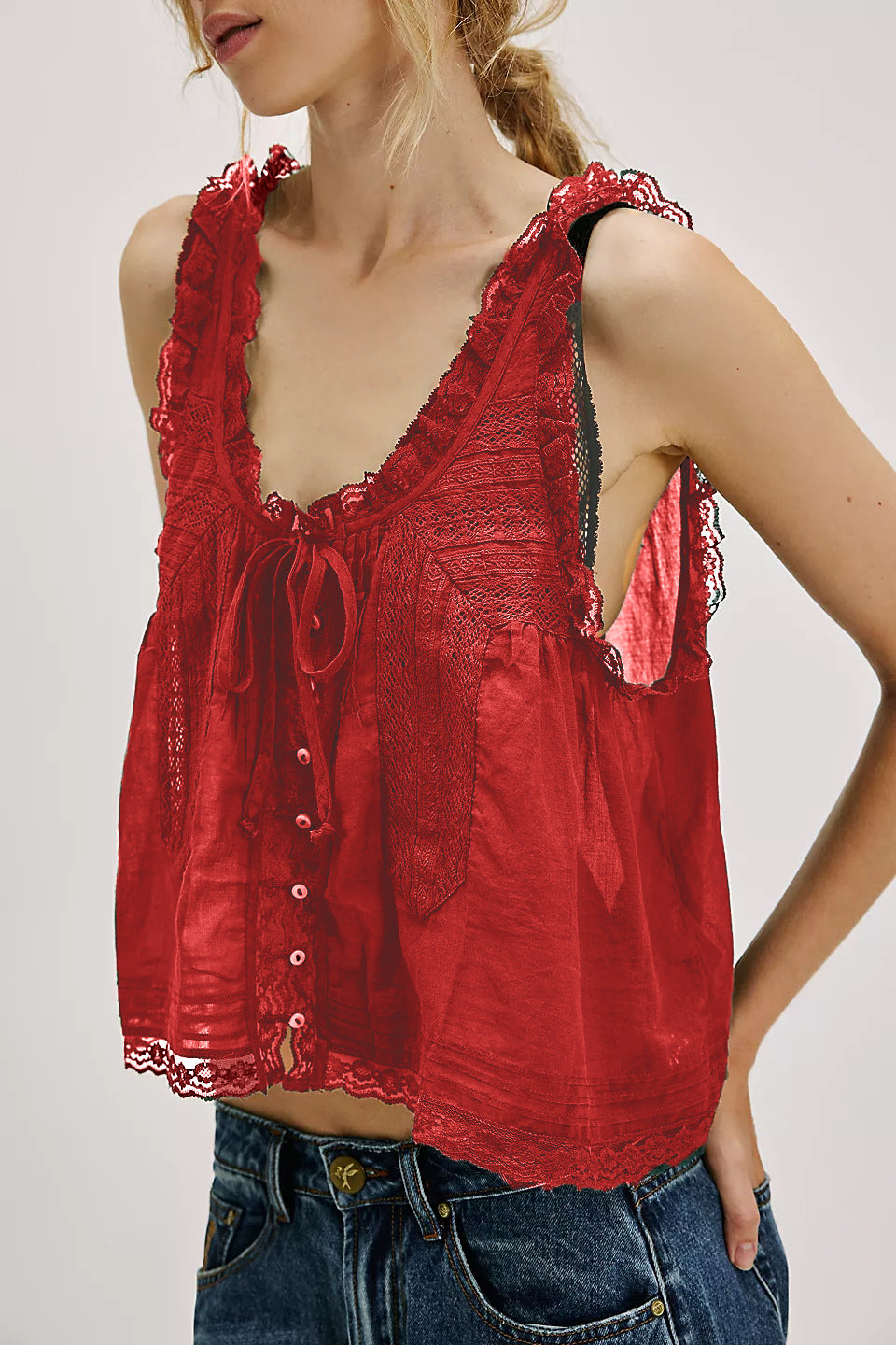 Women's Solid Color Lace Stitching Sweet Slim Tops