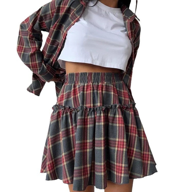 Women's Casual Check Lapel Loose Shirt Pleated Suits