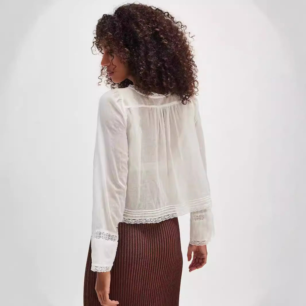 Lace Shirt U-shaped Collar Long Sleeve Blouses