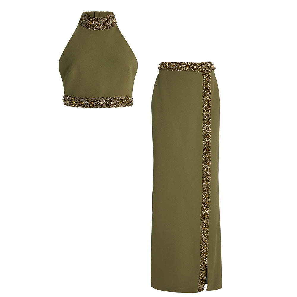 Beads Rhinestones Split Long Two-piece Set Suits
