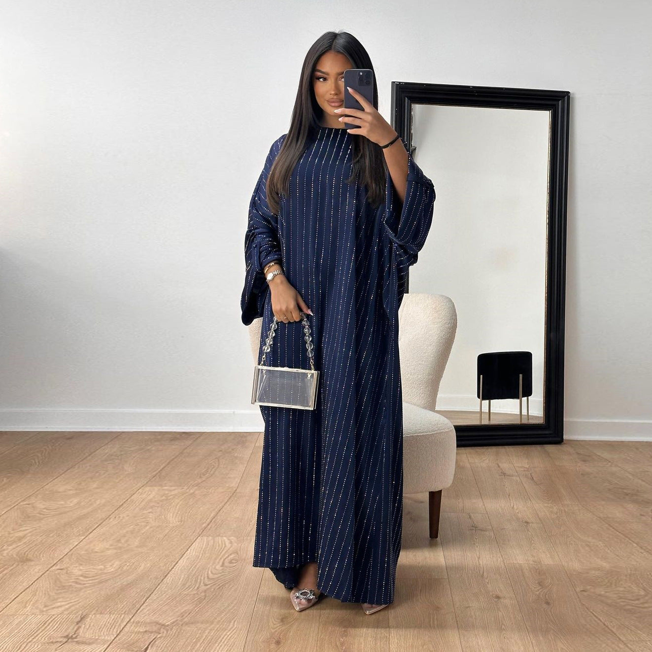 Women's Elegant Long Sleeve Dress Rhinestone Craft Clothing