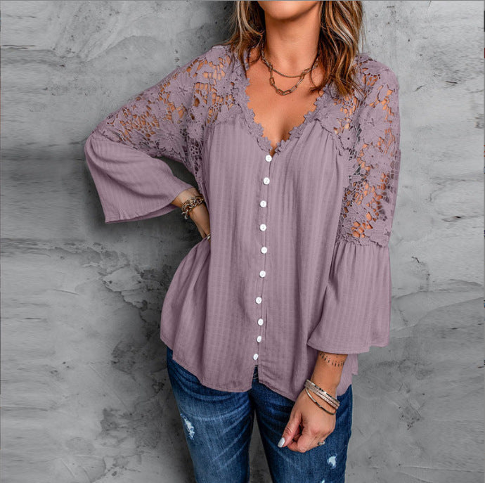 Women's Lace Shirt Solid Color V Sexy Blouses