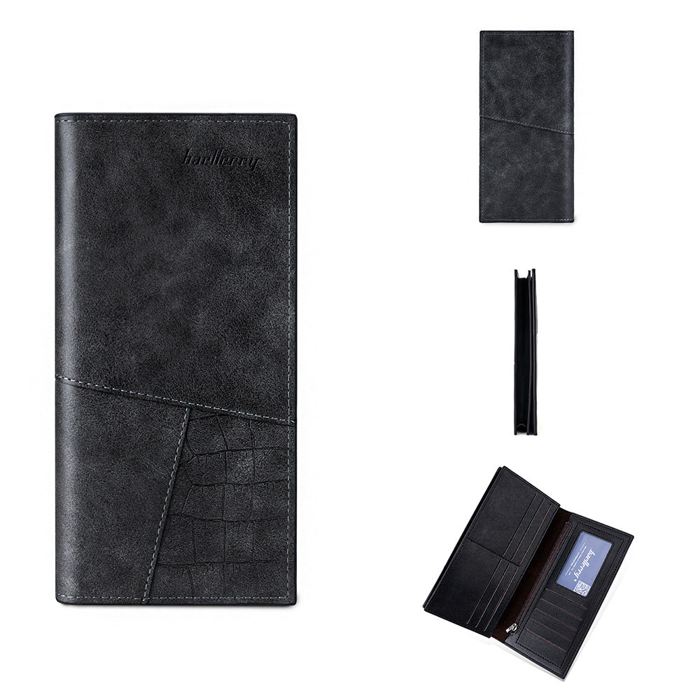 Men's Long Leather Patchwork Multiple Slots Zipper Bags