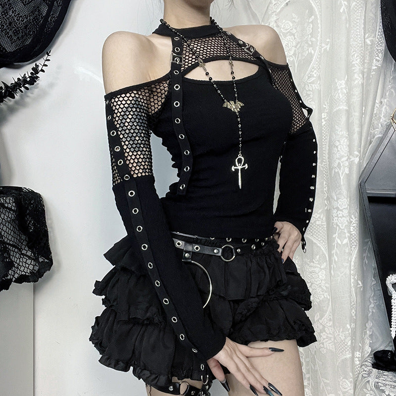 Women's Sexy Hot Fishnet Patchwork Cold-shoulder Long-sleeved Blouses