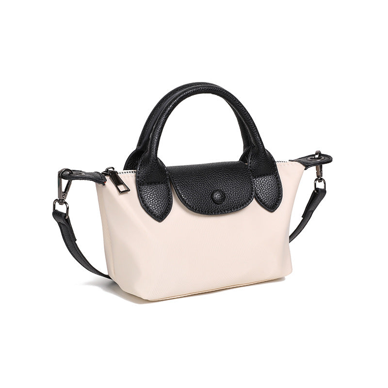 Women's Portable Dumpling Oxford Cloth Contrast Color Genuine Leather Bags