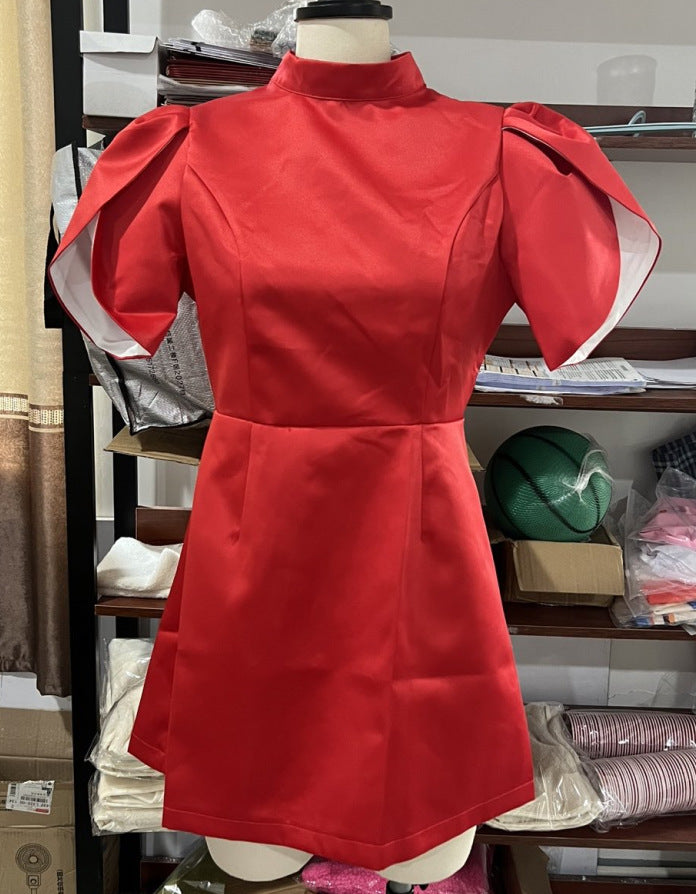 Half Turtleneck Back Hollow Dress Bowknot Skirts