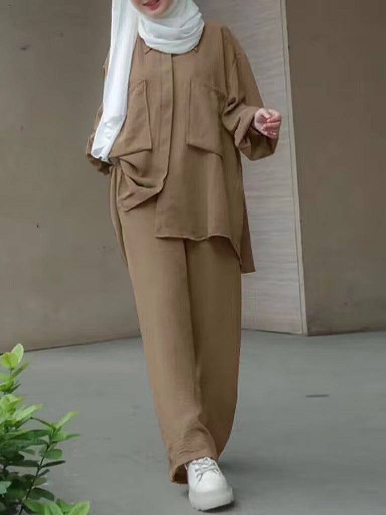 Muslim Long Sleeve Patch Pocket Hidden Placket Clothing