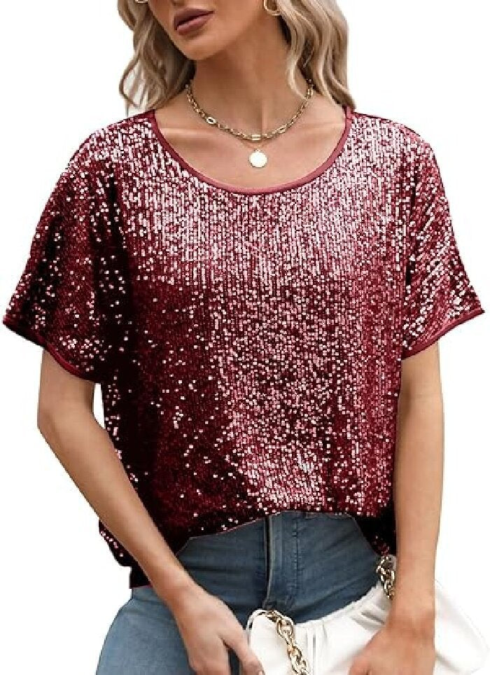 Loose Sequins Oblique Shoulder Sleeve Casual Sequin Tops