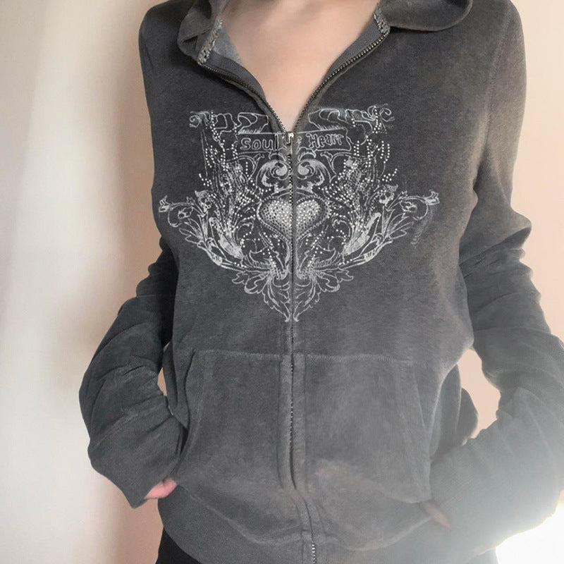 Women's Early Autumn Retro Printed Hoodie Personality Street Gray With Sweaters