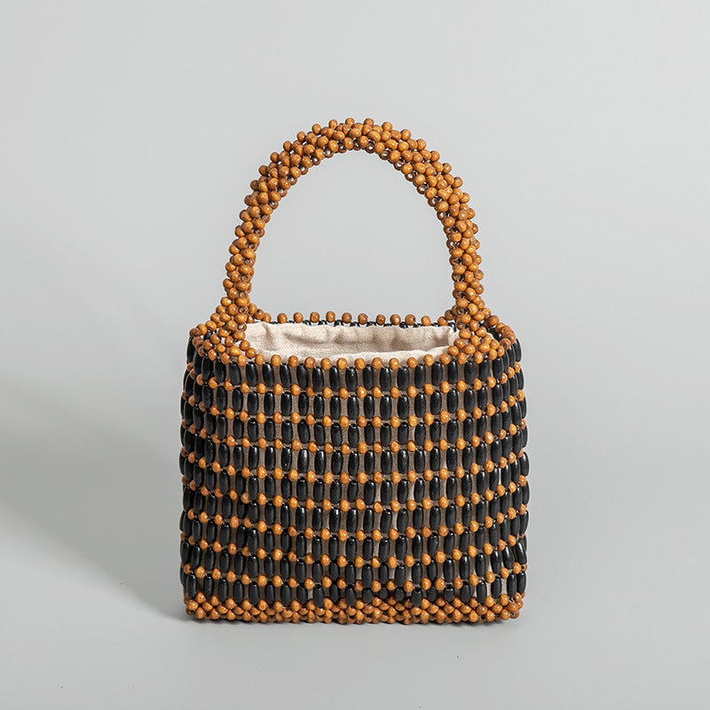 Women's Fashion With Wooden Beads Decoration Hand-woven Handbags