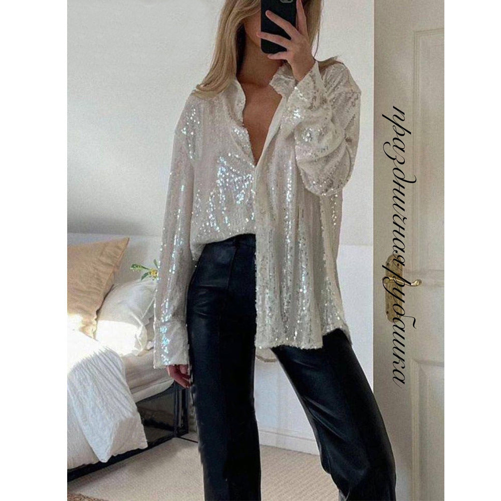 Women's Sequin Lapel Long Sleeve Sexy Shirt Blouses