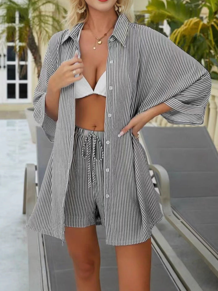 Women's Summer Casual Striped Shirt Loose Elastic Suits