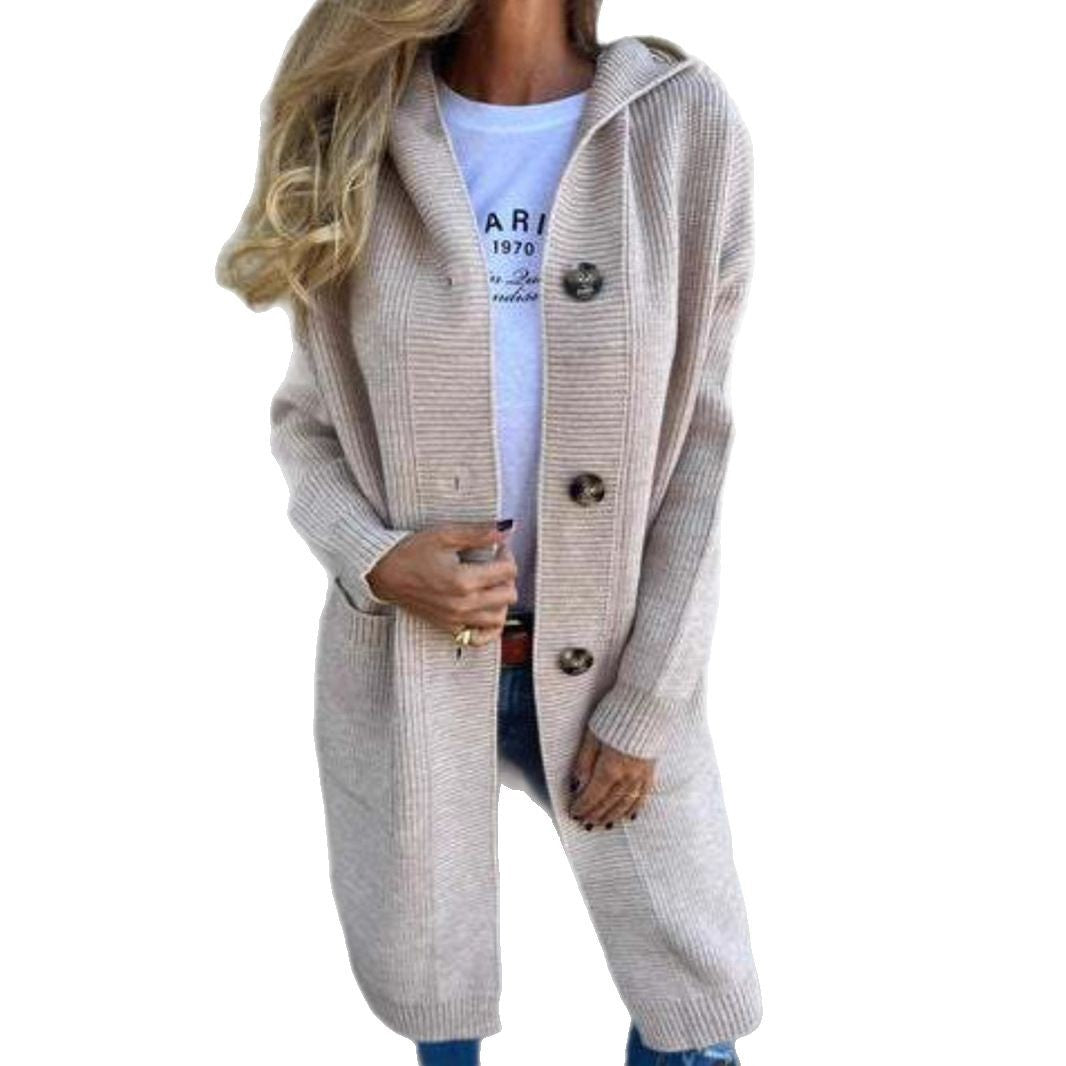 Women's Long Hooded Knitted With Pocket Buttons Sweaters