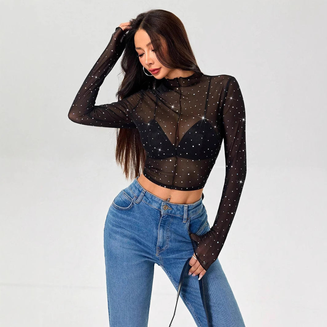 Women's Stand-up Collar Long-sleeved Mesh Transparent Sequined Blouses