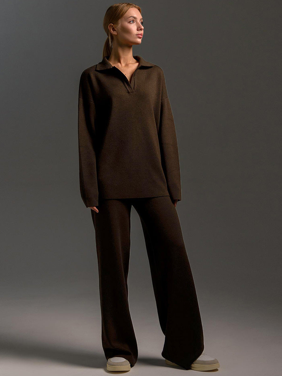 Solid Color Polo Collar Knitted Straight Wide Leg Sweaters