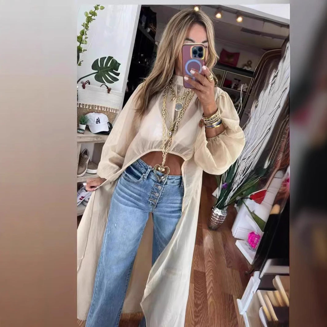 Women's Thin Bubble Long Sleeve Irregular Shirt Tops