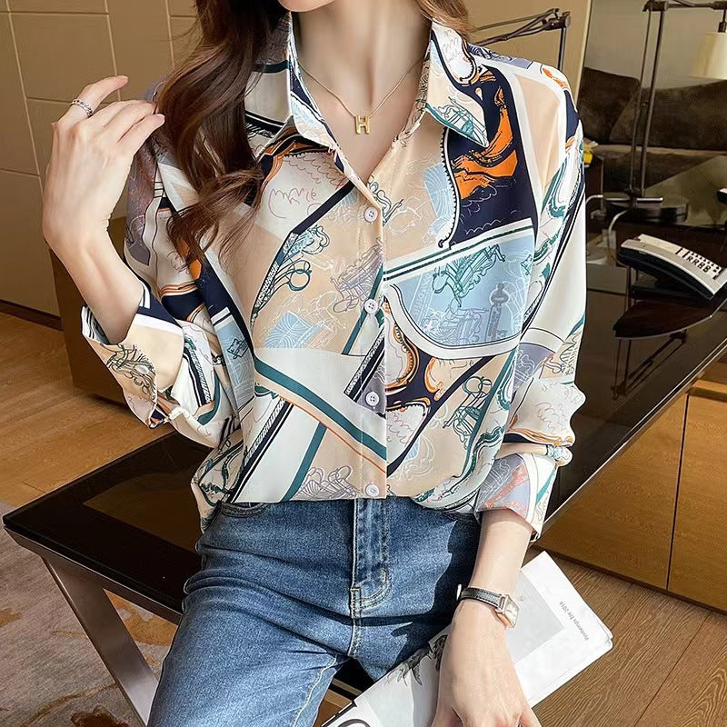 Women's Commute Style Fashionable Printed Long-sleeved Chiffon Blouses