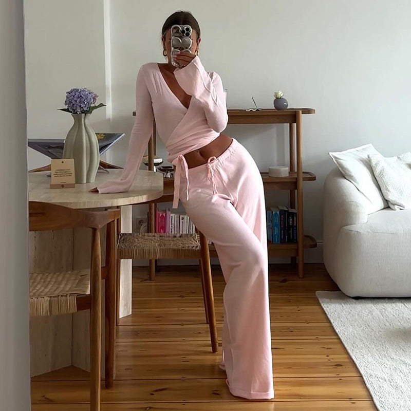 Basic Long Sleeve High Waist Drawstring Suits