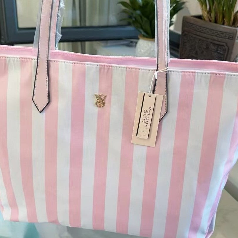 Women's Pink Striped Shopping Portable Leisure Handbags