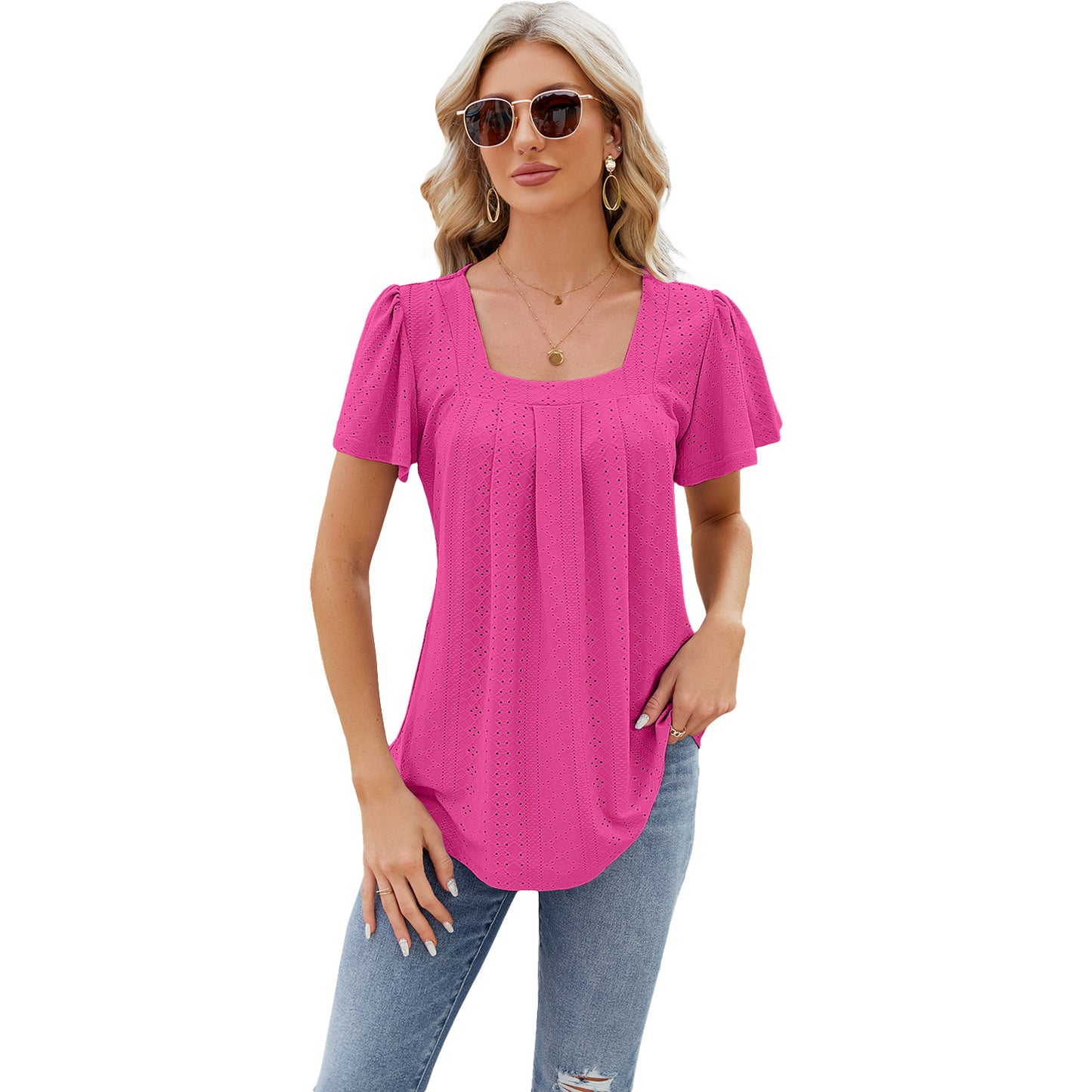 Women's Pleated Square Collar Jacquard Short-sleeved Dovetail Blouses