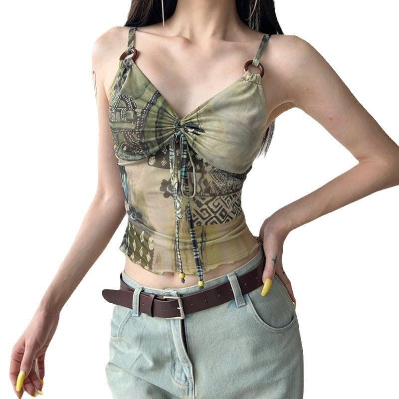 Western Wilderness Vintage Ring Bow Personality Mesh Sling Tops