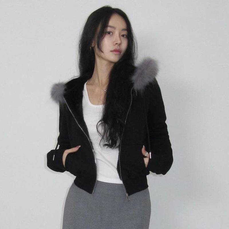 Women's Warm Furry Hooded Tight Waist Slim Sweaters