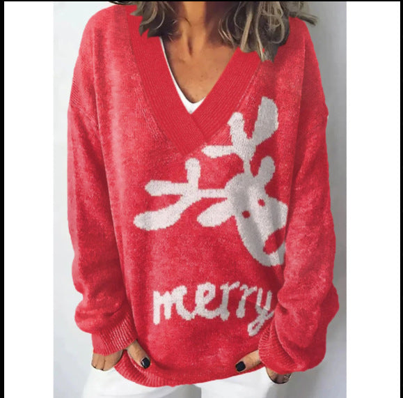 Women's Printed Christmas Round Neck Pullover Sleeve Sweaters