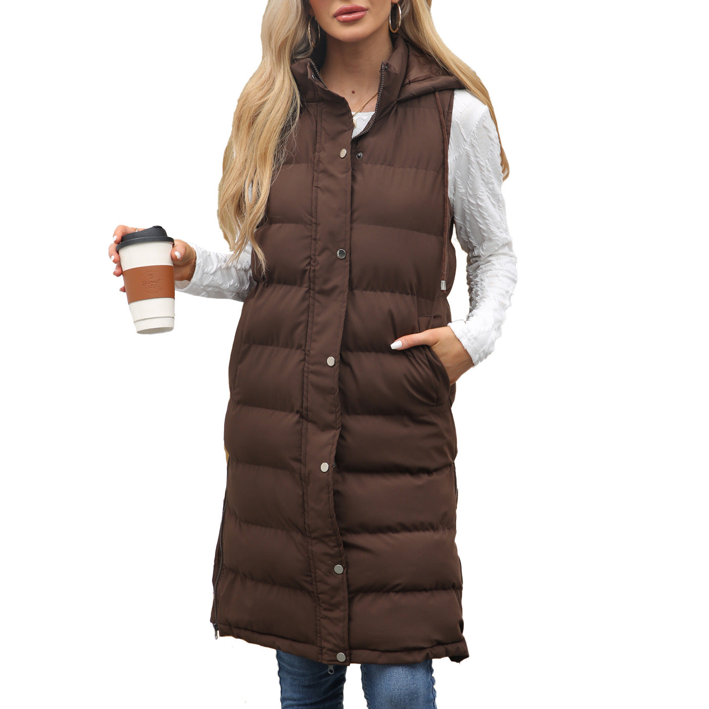 Women's Hooded Sleeveless Long Solid Color Zipper Vests