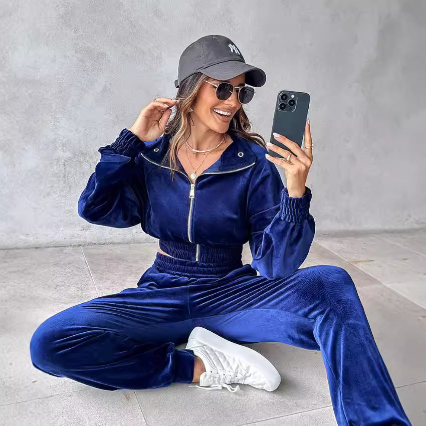 Women's Fashion Casual Zipper Fastener Decoration Veet Suits