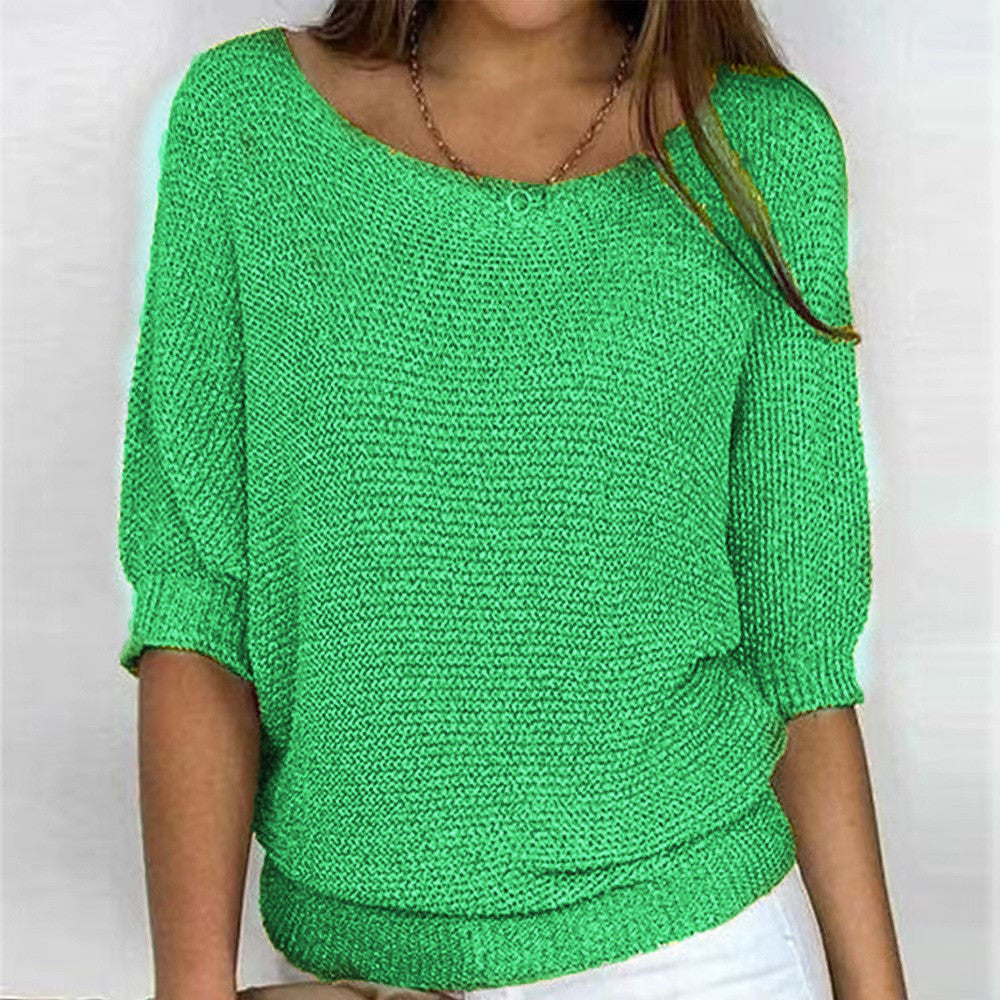 Women's Color Round Neck Commuter Elegant Cropped Knitwear