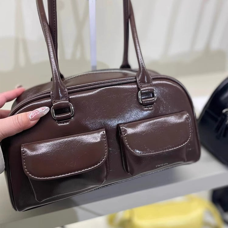 Women's Oil Wax Leather Large Capacity Bowling Shoulder Bags