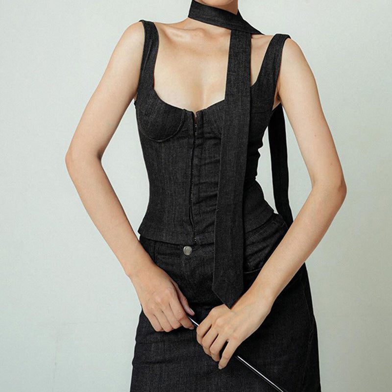 Buttons Square Collar Sling City Commuter Chest Slimming Tops