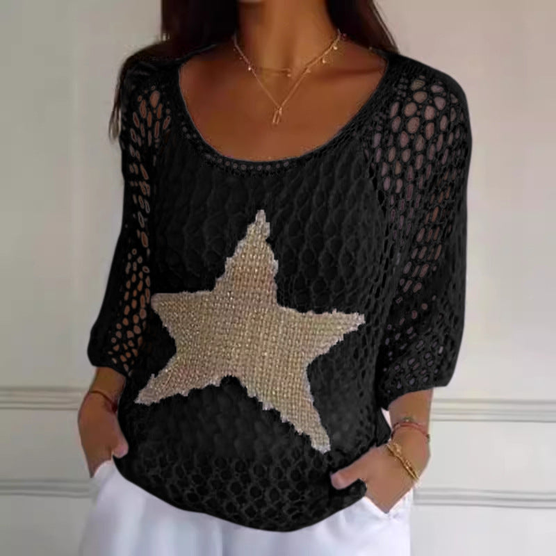 Women's Five-star Round Neck Commuter Elegant Cropped Sleeves For Sweaters