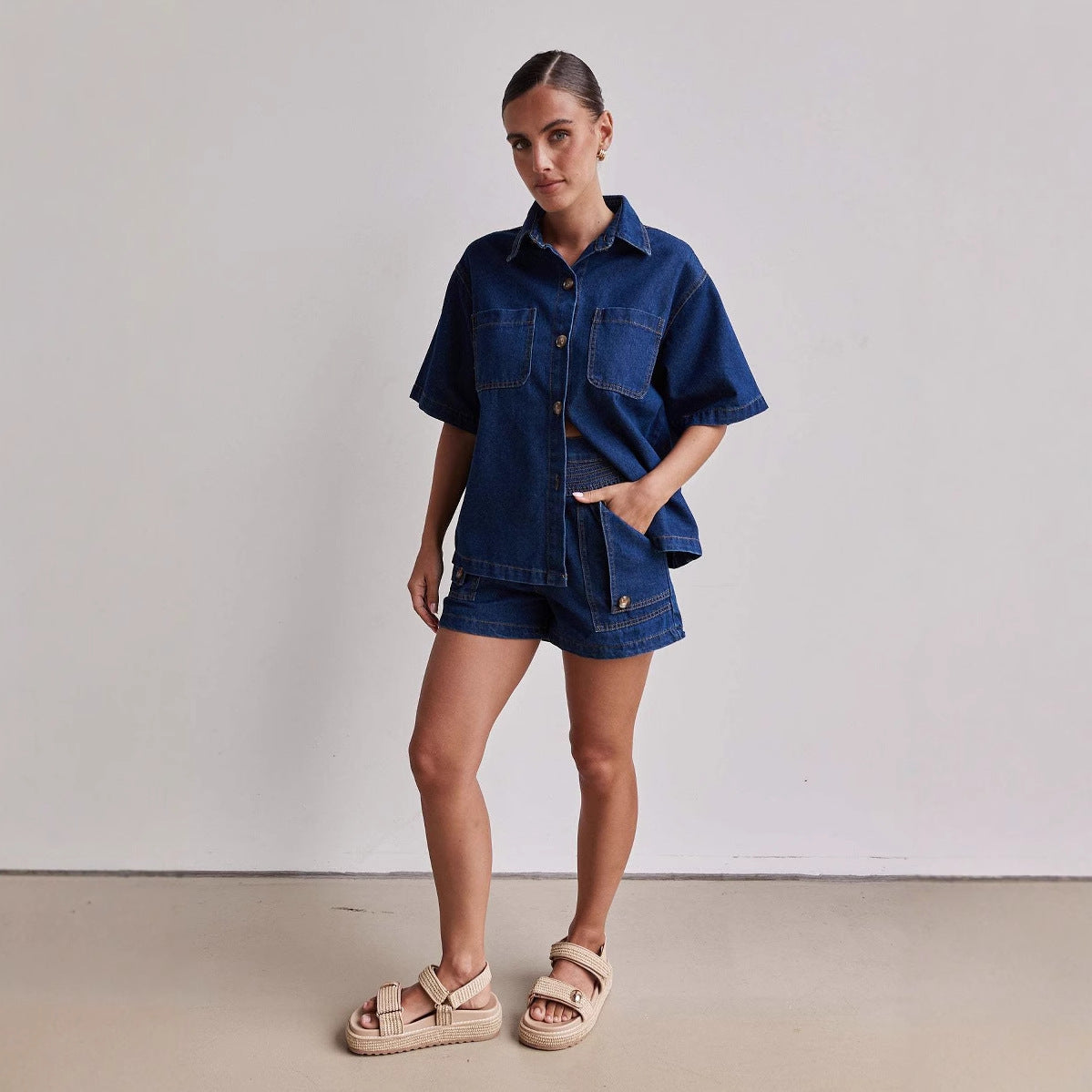 Women's Summer Casual Retro Loose Shirt Denim Suits
