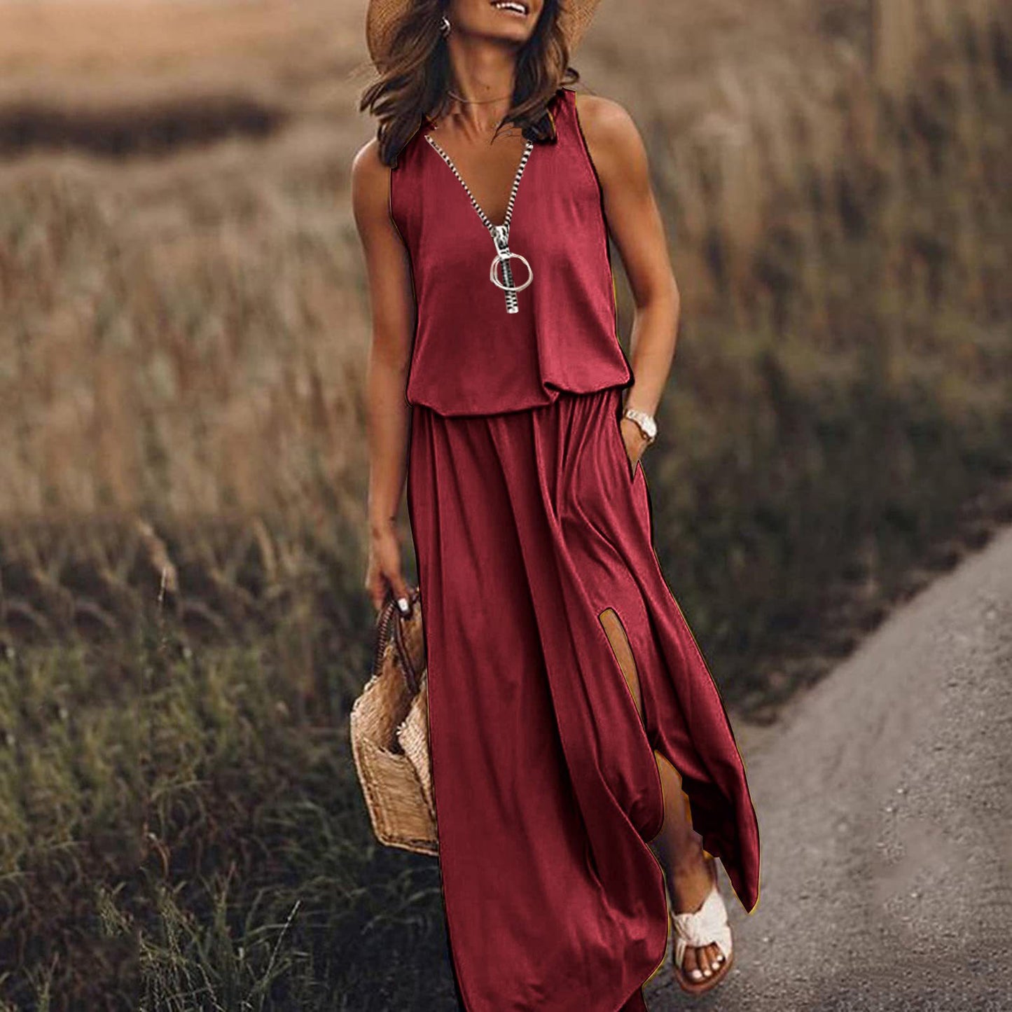 Women's Sleeveless Long Dress Casual Waist Zipper Dresses