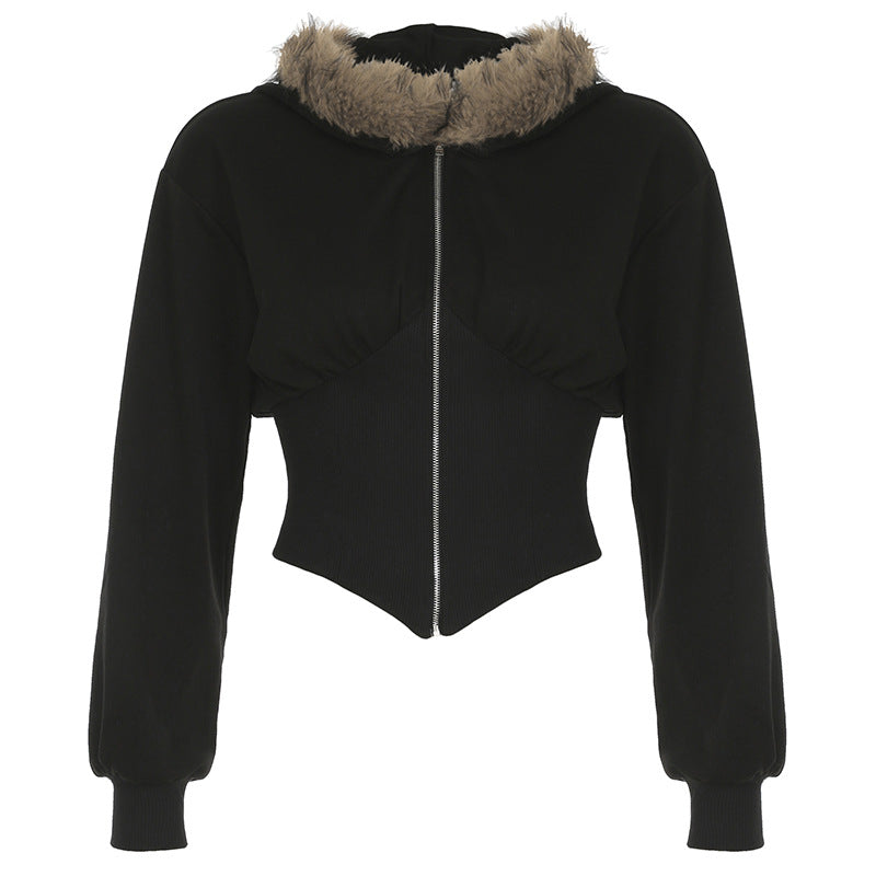 Winter Fur Collar Hooded Drawstring Zipper Sports Style Sweaters