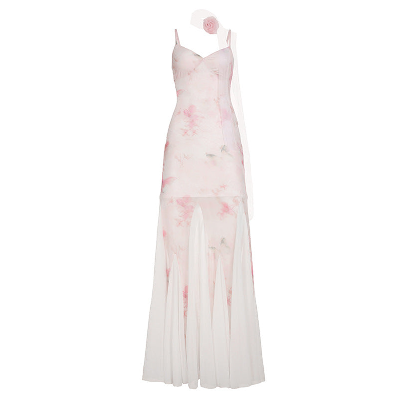 Chinese Style Light Green Butterfly Printed Fishtail Suspender Dresses
