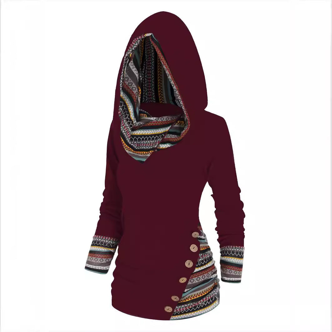 Women's Stitching Hooded Knitted Long Sleeve Button Casual Sweaters