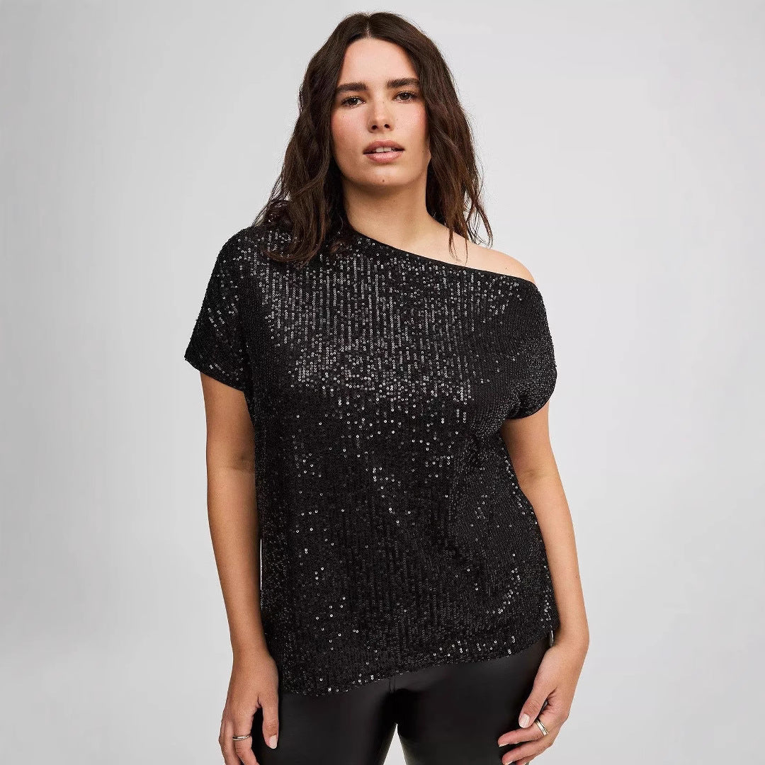 Women's Glitter Sequin Diagonal Collar Sleeve High-grade Blouses