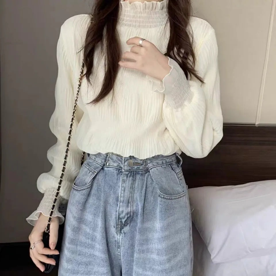 Women's Sleeve Spring Wooden Ear Design Sense Half Turtleneck Blouses