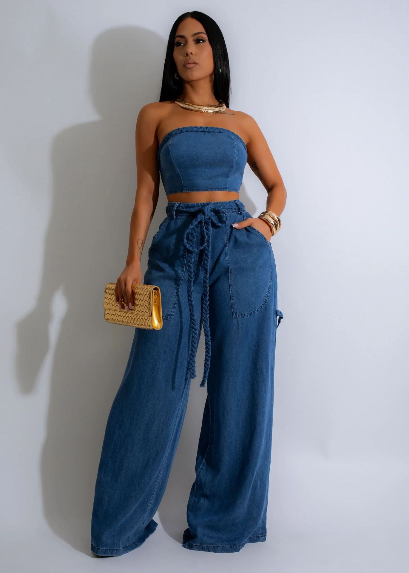 Women's Cool Denim Tube Braid Rope Wide Suits
