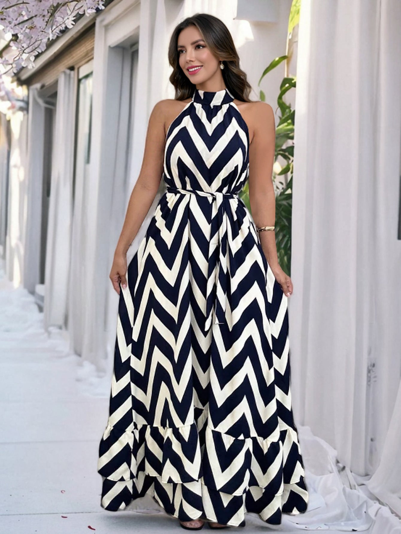 Women's Sleeveless Stand Collar Wave Striped Printed Skirts
