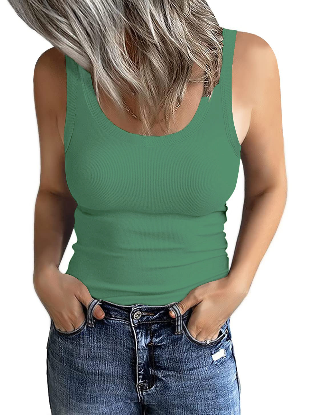 Women's Sleeveless Low Round Neck Ribbed Slim Tops