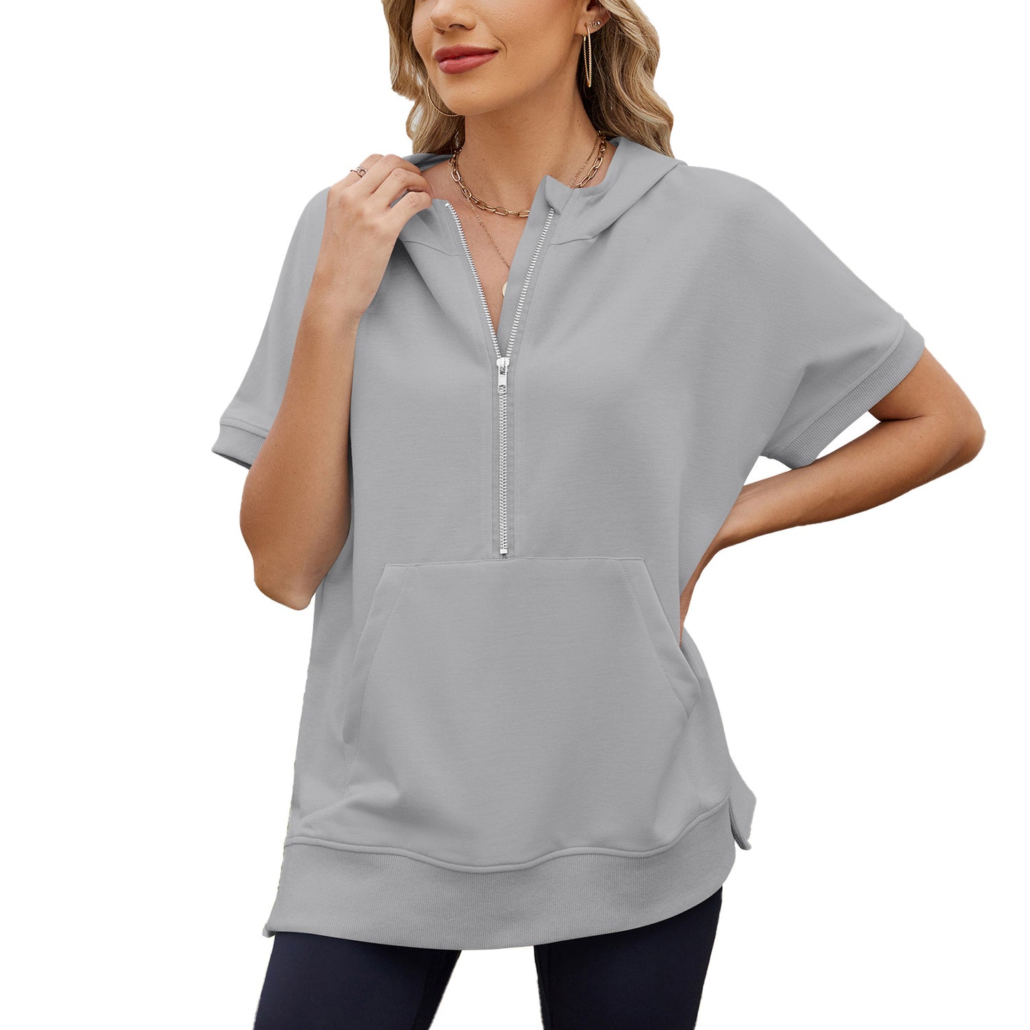 Hooded Loose Sleeve Zipper Pocket Thin Sweaters