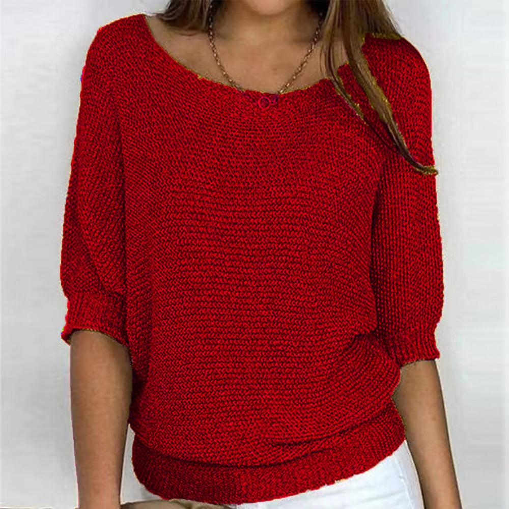 Women's Spring Solid Color Round Neck Commuter Elegant Cropped Sleeves Knitwear