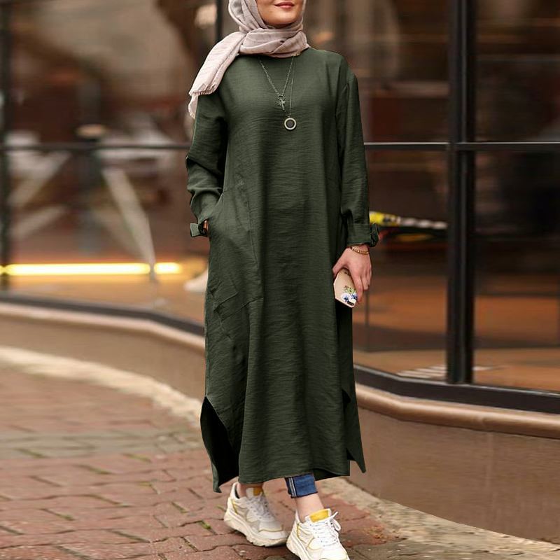 Women's Muslim Wear Long Sleeve Shirt Pocket Dress Clothing