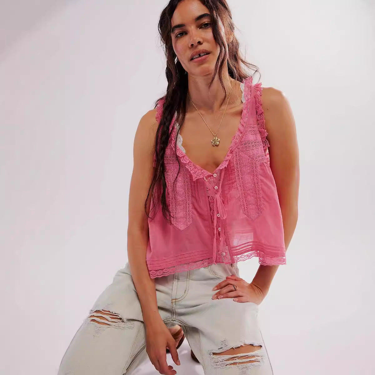 Women's Solid Color Lace Stitching Sweet Slim Tops